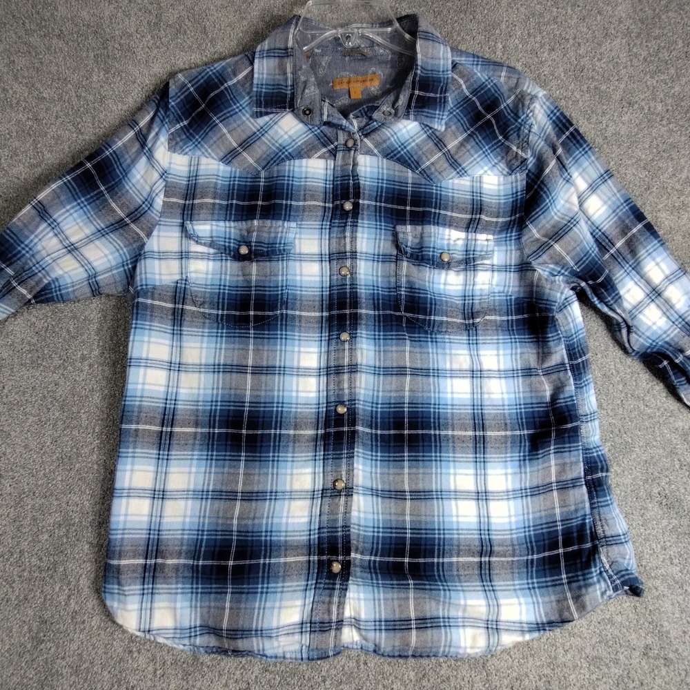 Jachs Girlfriend Bea Womens Paisley Plaid Button Down Shirt Blue Large L